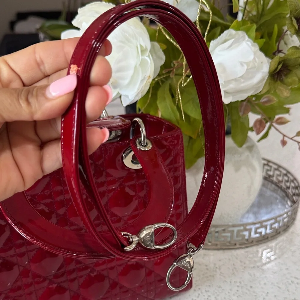 ❤️Dior Red Patent Quilted Lady Dior Satchel with Silver Hardware